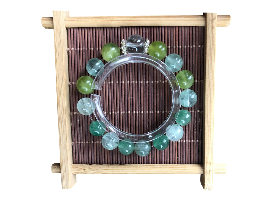 Fanmala Beautiful Green Jade Round Bead Crystal Bracelet