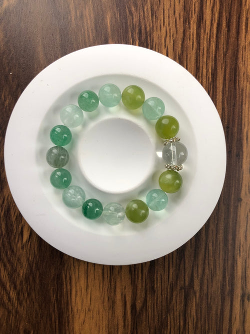 Fanmala Beautiful Green Jade Round Bead Crystal Bracelet